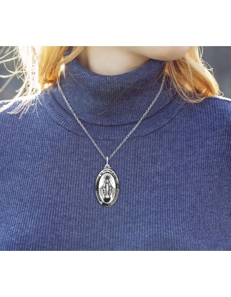 Ladies 925 Sterling Silver 32.5mm Virgin Mary Antique Finish Necklace, 18in to 24in Ladies 925 Sterling Silver 32.5mm Virgin Mary Antique Finish Necklace, 18in to 24in