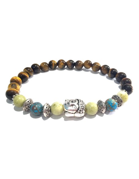 Handmade Buddha Head Peridot Jasper, Natural Crazy Blue Lace Agate and Tigers Eye Healing Bracelet 7 Inches Handmade Buddha Head Peridot Jasper, Natural Crazy Blue Lace Agate and Tigers Eye Healing Bracelet 7 Inches