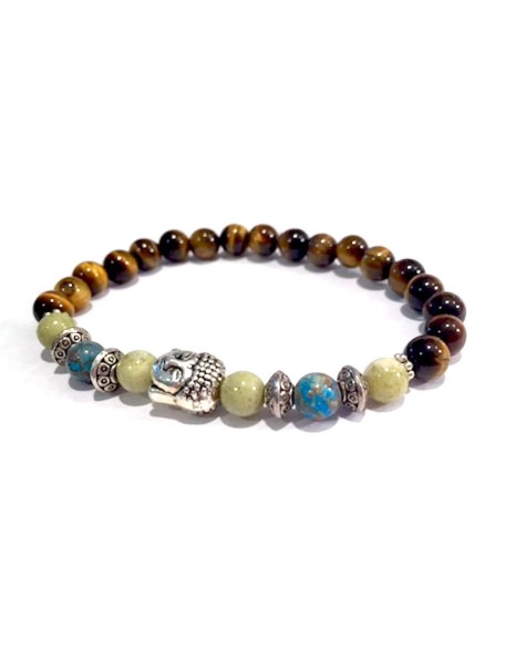 Handmade Buddha Head Peridot Jasper, Natural Crazy Blue Lace Agate and Tigers Eye Healing Bracelet 7 Inches Handmade Buddha Head Peridot Jasper, Natural Crazy Blue Lace Agate and Tigers Eye Healing Bracelet 7 Inches