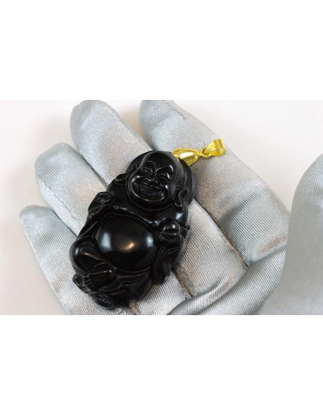 Obsidian Pendant Large Goldtone Necklace Bail Carved Laughing Buddha With Ball 2 Inches Obsidian Pendant Large Goldtone Necklace Bail Carved Laughing Buddha With Ball 2 Inches