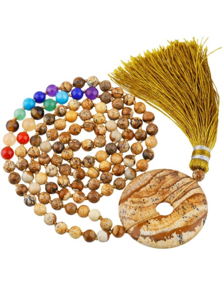 7 Chakra Stone 108 Tibetan Buddhist Mala Necklace,with Round Donut Amulet 7 Chakra Stone 108 Tibetan Buddhist Mala Necklace,with Round Donut Amulet