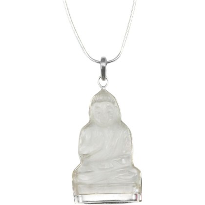 Sterling Silver Quartz Pendant Necklace Sitting Buddha Carved Clear Snake Chain, 20"