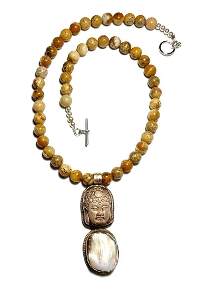 Buddha Pendant, Buddhist Necklace, Buddha Necklace, Genuine Jasper and Pearl Necklace, Statement Buddhist Necklace, Tibetan Pendant Necklace, Handmade Nepal Art by AnnaArt72