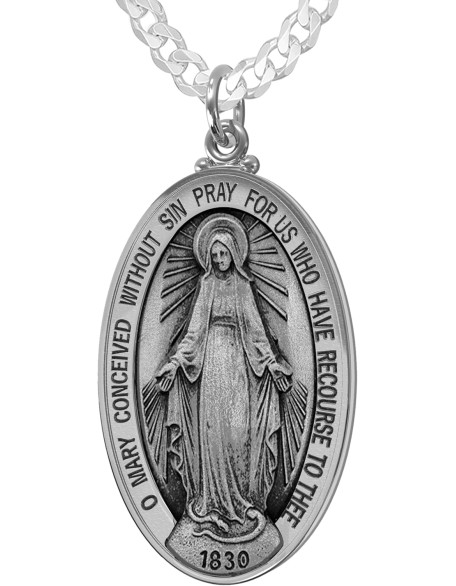925 Sterling Silver Large 39mm Oval Virgin Mary Antique Pendant Necklace