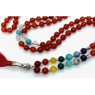 Energized 7 Chakra mala Hand Knotted 108 mala beads necklaces - Japa mala - Buddhist prayer beads - Meditation beads - Healing crystals for men women (Carnelian 1st chakra Root Chakra Mala)