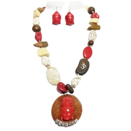 Carved Cinnabar Buddha Amulet Long Gemstone Necklace Earrings One of a Kind