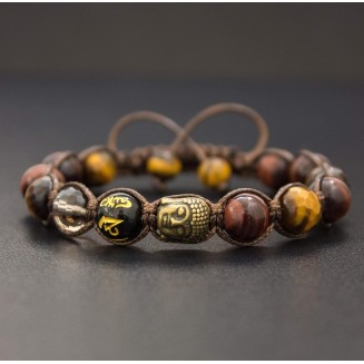 Buddha Red & Brown Tiger's Eye Beaded Bracelet Prosperity Gemstone Bracelet Beaded Macrame Tiger's Eye Tibetan Mantra Om Mani Padme Hum Men's Bracelet