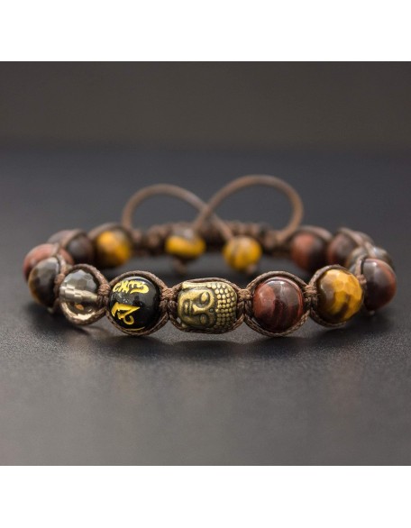 Buddha Red & Brown Tiger's Eye Beaded Bracelet Prosperity Gemstone Bracelet Beaded Macrame Tiger's Eye Tibetan Mantra Om Mani Padme Hum Men's Bracelet