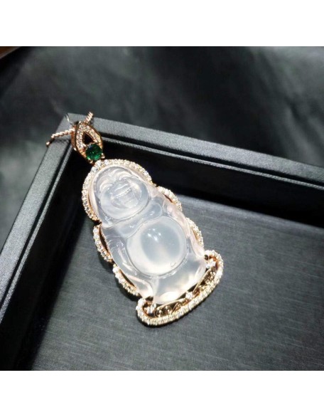Rose Gold 925 Silver Inlaid White Chalcedony Standing Buddha Jade Pendant Men and Women Retro Maitreya Smiling Buddha Necklace Wear
