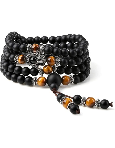 108 Mala Black Stone Hamsa Hand Bracelet Necklace 108 Mala Black Stone Hamsa Hand Bracelet Necklace