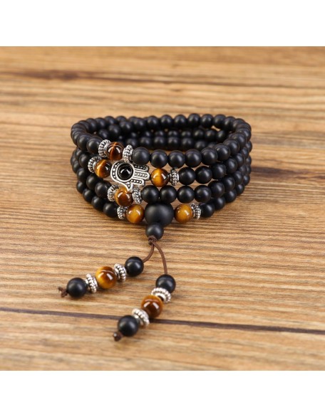 108 Mala Black Stone Hamsa Hand Bracelet Necklace 108 Mala Black Stone Hamsa Hand Bracelet Necklace