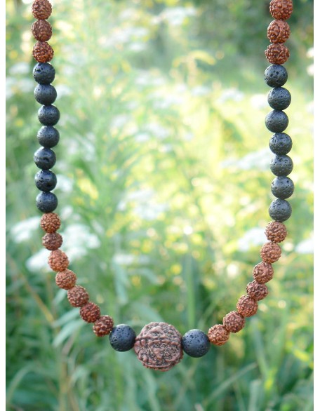 Rudraksha Necklace HANDMADE, Shiva Jewelry for Men Women, 5 Mukhi Face Energized Rudraksh Bead, Hindu Spiritual Protection Mala Necklace, Black Lava
