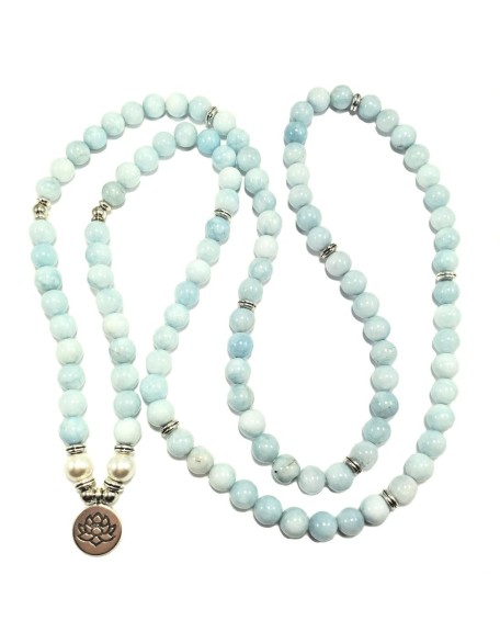 108 Mala Beads Mint Aquamarine & Lotus Charm POWERFUL EMOTIONAL HEALER Real Natural Stones Stretchy Yoga Bracelet Meditation Chakra Necklace US HANDMADE