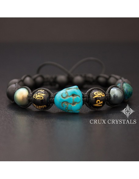 Blue Smiling Buddha, Unisex Mens Beads Bracelet, Macrame Bracelet w/Swarovski Elements Black Onyx, Blue Turquoise, Mala, Mantra, Yoga Bracelet Crux Crystals