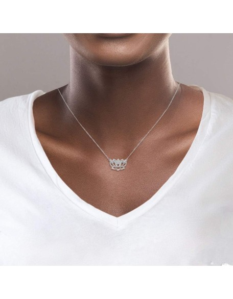 Diamond Lotus Flower Necklace in 925 Sterling Silver, 1/10ct (I-J Color, I3 Clarity), 17 inch