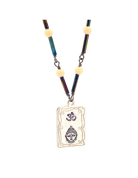 Om Buddha Hand Stamped Frame Pendant Necklace -Hand Crafted Cream Rainbow Iris Beaded Chain 19-in Om Buddha Hand Stamped Frame Pendant Necklace -Hand Crafted Cream Rainbow Iris Beaded Chain 19-in