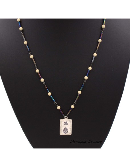 Om Buddha Hand Stamped Frame Pendant Necklace -Hand Crafted Cream Rainbow Iris Beaded Chain 19-in Om Buddha Hand Stamped Frame Pendant Necklace -Hand Crafted Cream Rainbow Iris Beaded Chain 19-in