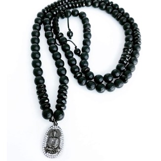 Men's 30" Black Onyx + Faceted Obsidian Necklace + Rhodium Buddha Pendant
