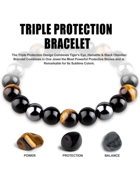 Triple Protection Bracelet, Black Obsidian Tiger Eye Stone Hematite Wealth Bracelets for Men Women for Bring Luck and Prosperity, Beaded Buddha Crystals Rope Stretch Bracelet Triple Protection Bracelet, Black Obsidian Tiger Eye Stone Hematite Wealth Bracelets for Men Women for Bring Luck and Prosperity, Beaded Buddha Crystals Rope Stretch Bracelet