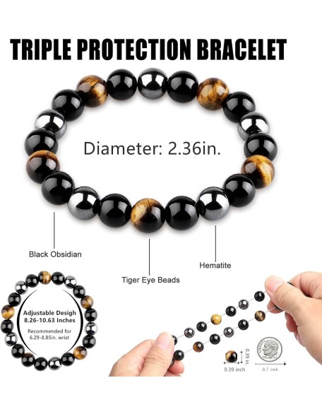 Triple Protection Bracelet, Black Obsidian Tiger Eye Stone Hematite Wealth Bracelets for Men Women for Bring Luck and Prosperity, Beaded Buddha Crystals Rope Stretch Bracelet Triple Protection Bracelet, Black Obsidian Tiger Eye Stone Hematite Wealth Bracelets for Men Women for Bring Luck and Prosperity, Beaded Buddha Crystals Rope Stretch Bracelet