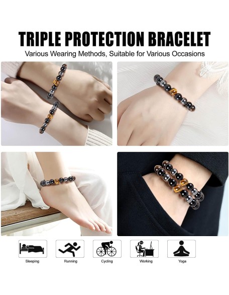 Triple Protection Bracelet, Black Obsidian Tiger Eye Stone Hematite Wealth Bracelets for Men Women for Bring Luck and Prosperity, Beaded Buddha Crystals Rope Stretch Bracelet Triple Protection Bracelet, Black Obsidian Tiger Eye Stone Hematite Wealth Bracelets for Men Women for Bring Luck and Prosperity, Beaded Buddha Crystals Rope Stretch Bracelet