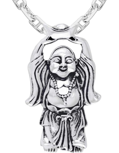Men's 925 Sterling Silver 29mm Happy Buddha Hotei Buddhism Pendant Necklace, 22in to 26in Men's 925 Sterling Silver 29mm Happy Buddha Hotei Buddhism Pendant Necklace, 22in to 26in