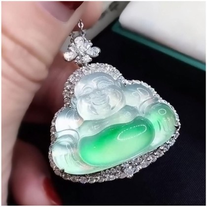 crystal necklaces jewellery for women Necklace Pendant Green Jade Buddha Pendant Laughing Buddha Statue Silver Chain Necklace Pendant/Laughing Buddha Jade Pendant Necklace