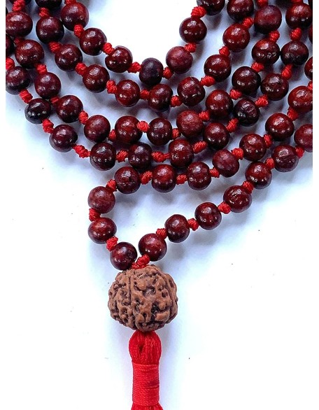 Handmade Rosewood Mala with 5 Mukhi Rudraksha Guru Bead (8mm Beads) - Harness Inner Strength & Balance
