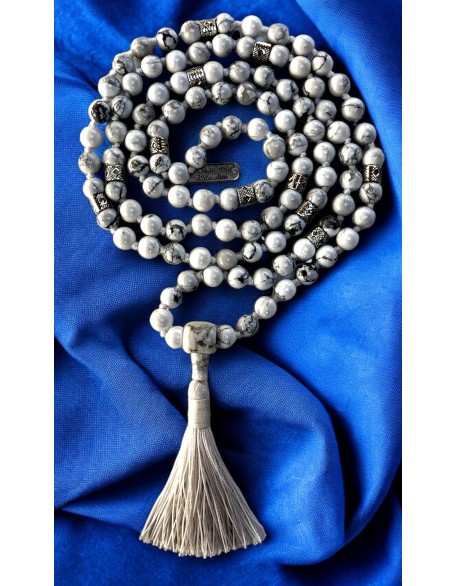 Hand Knotted White Howlite Mala Necklace (8mm 108 Beads, Zinc Alloy Spacers) - Gemini Birthstone, Zodiac Sign, and Throat Chakra Hand Knotted White Howlite Mala Necklace (8mm 108 Beads, Zinc Alloy Spacers) - Gemini Birthstone, Zodiac Sign, and Throat Chakra