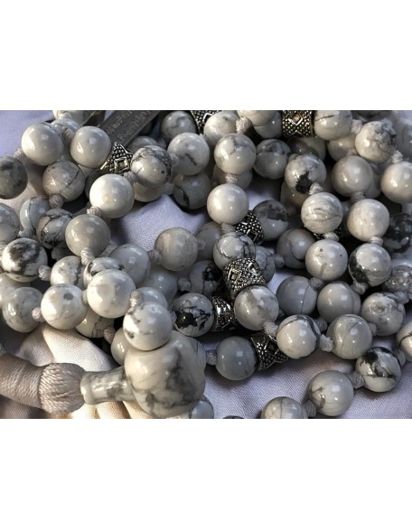 Hand Knotted White Howlite Mala Necklace (8mm 108 Beads, Zinc Alloy Spacers) - Gemini Birthstone, Zodiac Sign, and Throat Chakra Hand Knotted White Howlite Mala Necklace (8mm 108 Beads, Zinc Alloy Spacers) - Gemini Birthstone, Zodiac Sign, and Throat Chakra