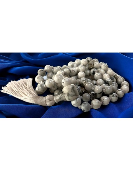 Hand Knotted White Howlite Mala Necklace (8mm 108 Beads, Zinc Alloy Spacers) - Gemini Birthstone, Zodiac Sign, and Throat Chakra Hand Knotted White Howlite Mala Necklace (8mm 108 Beads, Zinc Alloy Spacers) - Gemini Birthstone, Zodiac Sign, and Throat Chakra