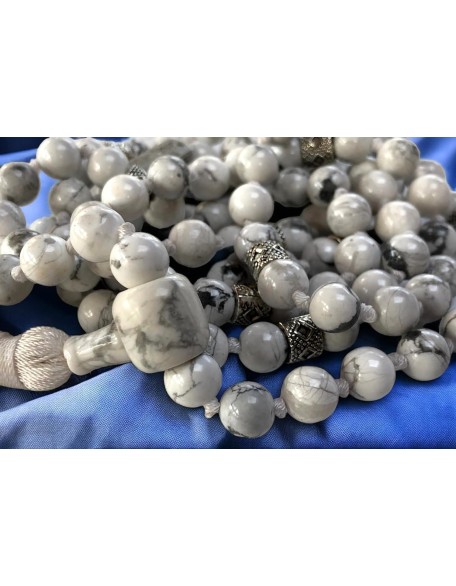 Hand Knotted White Howlite Mala Necklace (8mm 108 Beads, Zinc Alloy Spacers) - Gemini Birthstone, Zodiac Sign, and Throat Chakra Hand Knotted White Howlite Mala Necklace (8mm 108 Beads, Zinc Alloy Spacers) - Gemini Birthstone, Zodiac Sign, and Throat Chakra