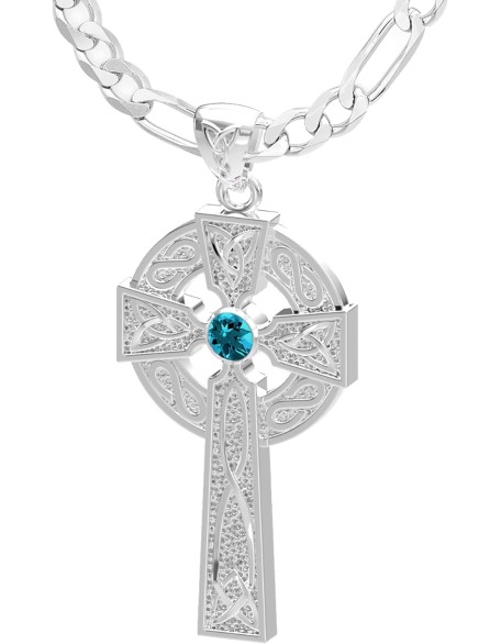 Men's Polished 1.5in 925 Sterling Silver Genuine Blue Zircon December Birthstone Irish Celtic Knot Cross Pendant Necklace, 22in to 26in