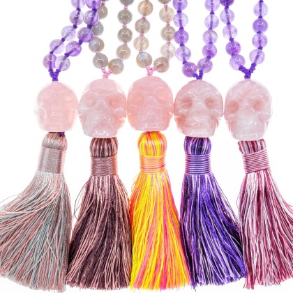 Eternal Love Rose Quartz Crystal Skull Necklace 108 Mala Beads Bracelet Real Healing Gemstone Yoga Meditation Hand-Knotted Mala Prayer Beads Necklace with Tassel
