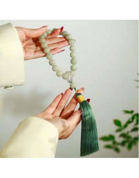Green Jade Stone 12mm Beads Tassel Bracelet Necklace Tibetan Buddhist Mala Buddha Charm Rosary Yoga Men Woman Jewelry 0536Z (F)