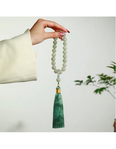 Green Jade Stone 12mm Beads Tassel Bracelet Necklace Tibetan Buddhist Mala Buddha Charm Rosary Yoga Men Woman Jewelry 0536Z (F)