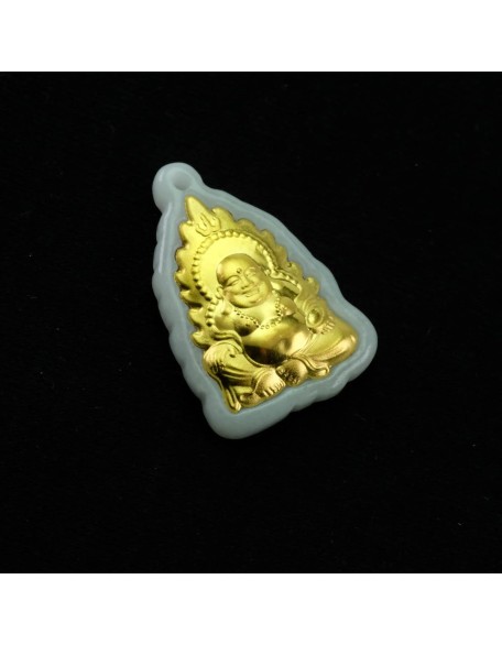 Happy Laugh Buddha Gold Leaf Natural Jadeite Jade Pendant