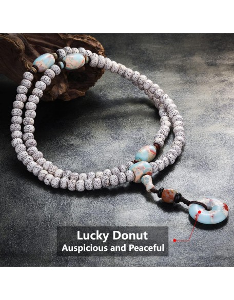 Handmade 108 Bodhi Seeds Mala Beads Tibetan Buddhist Prayer Beads Bracelet for Women with Agalmatolite Donut Handmade 108 Bodhi Seeds Mala Beads Tibetan Buddhist Prayer Beads Bracelet for Women with Agalmatolite Donut