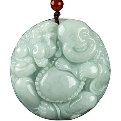 Jade Pendant, Feng Shui Wealth Laughing Buddha Necklace Pendant Natural Gemstone Semi Precious Emerald Jade Pendant Crystal Amulet Jewelry Talisman for Prosperity Money Good Luck Unisex