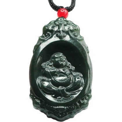 Chalcedony Necklace, Feng Shui Necklace Natural Hetian Jade Necklace Buddha Charm Pendant Necklace Talisman Stone Good Luck Necklace Dark Green Jade Necklace for Women Men Vintage Meditation Necklace