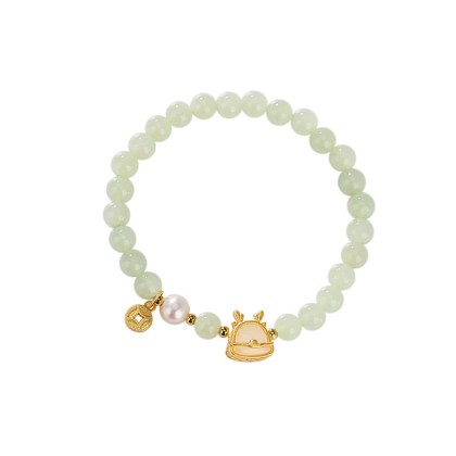 Green Natural Hetian Jade Bracelet for Women, Bead Charm Ring Bell Adjustable Bangle Alloy Lucky Chain Jewelry Gift for Her (Chinese Loong)