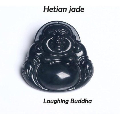 Jade Stone Necklace,Feng Shui Necklace Natural Gemstone Hetian Jade Necklace Pendant Laughing Buddha Pendant Charm Lucky Charm for Women Men Amulet Jewelry for Protection Crystal