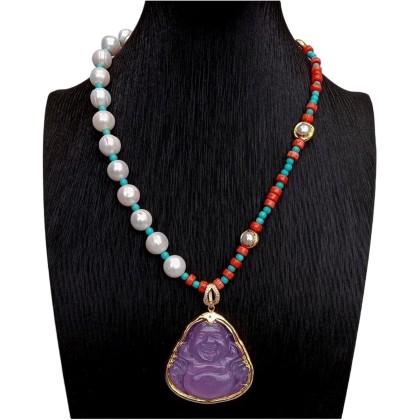 Women's Necklaces White Pearl Red Coral Blue Turquoise Necklace Purple Jade Buddha Pendant