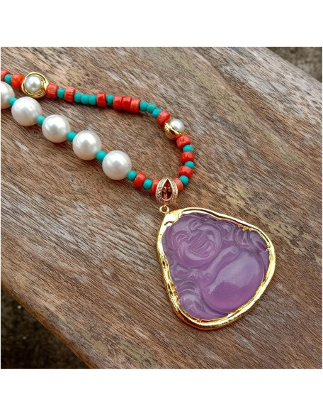 Women's Necklaces White Pearl Red Coral Blue Turquoise Necklace Purple Jade Buddha Pendant Women's Necklaces White Pearl Red Coral Blue Turquoise Necklace Purple Jade Buddha Pendant