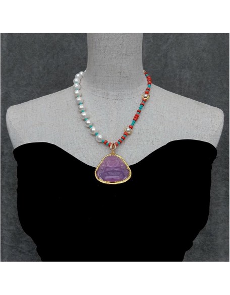 Women's Necklaces White Pearl Red Coral Blue Turquoise Necklace Purple Jade Buddha Pendant Women's Necklaces White Pearl Red Coral Blue Turquoise Necklace Purple Jade Buddha Pendant