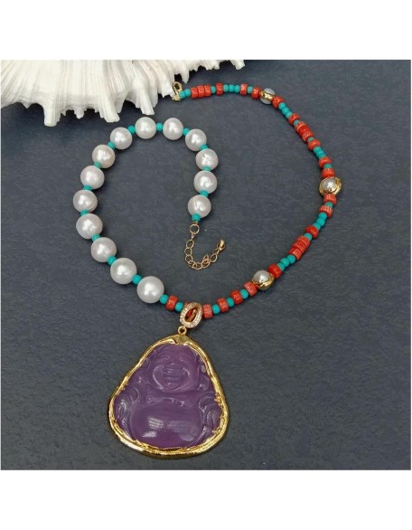Women's Necklaces White Pearl Red Coral Blue Turquoise Necklace Purple Jade Buddha Pendant Women's Necklaces White Pearl Red Coral Blue Turquoise Necklace Purple Jade Buddha Pendant