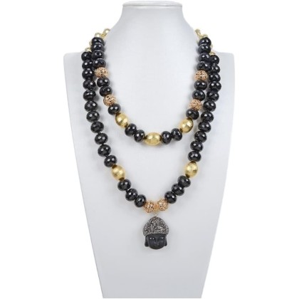Women's Necklaces Jewelry Natural 2 Rows Black Rondelle Buddha Chain Buddhist Statues Pendant Necklace 21inch for Women