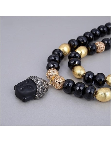 Women's Necklaces Jewelry Natural 2 Rows Black Rondelle Buddha Chain Buddhist Statues Pendant Necklace 21inch for Women