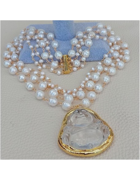 Women's Necklaces Cultured White Pearl Rosary Chain Necklace Quartzs Carved Buddha Pendant 18inch