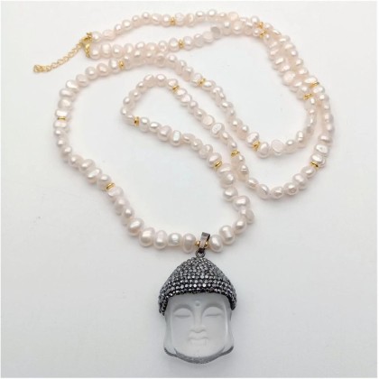 37inch Cultured White Baroque Freshwater Pearl Necklace Clear Crystal Buddha Pendant Religious Style Party Necklace pendant